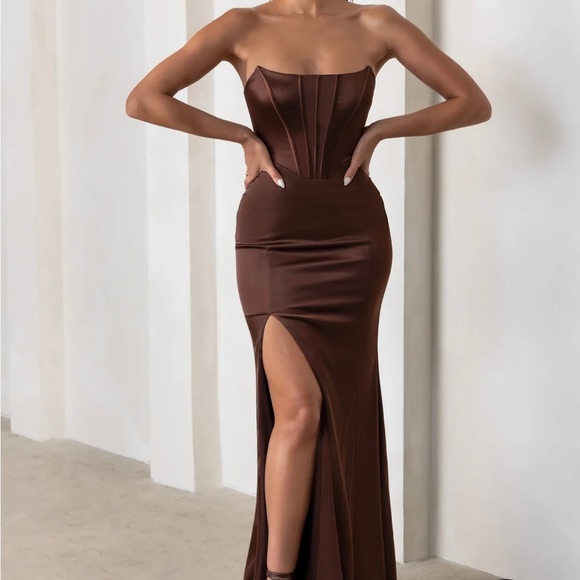Club L London Dresses & Skirts - CHOCOLATE BROWN SATIN STRAPLESS CORSET THIGH SPLIT MAXI DRESS